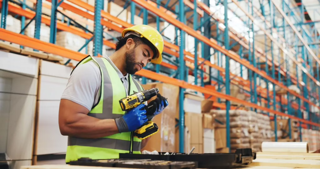 Technician preparing tools and components as part of a kitting process in a warehouse setting.