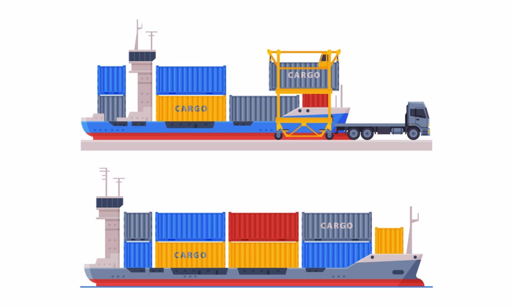 Illustration comparing single-carrier and multi-carrier shipping methods, featuring cargo ships, shipping containers, and truck transport in a side-by-side logistics comparison.