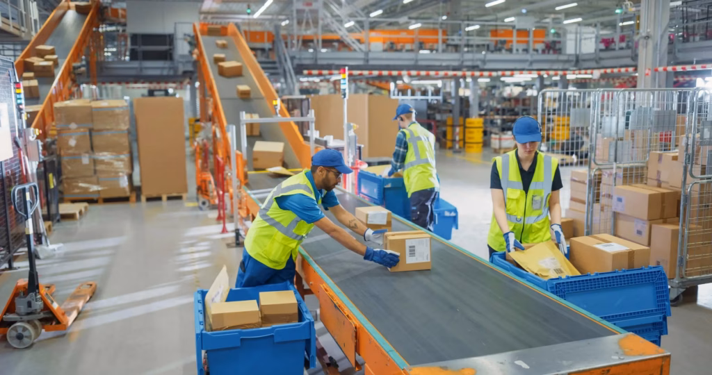 Workers in a large e-commerce fulfillment center in Memphis sorting and moving packages along conveyor belts inside a modern warehouse.